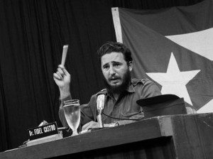Fidel Castro Gesturing While Speaking at Podium on Reprisals
